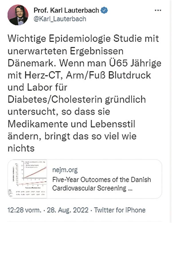 Herz-Kreislauf-Screening erzielt Teilerfolg Auch Gesundheitsminister Karl Lauterbach hat die Studie kommentiert und kommt zu einem etwas anderen Schluss.